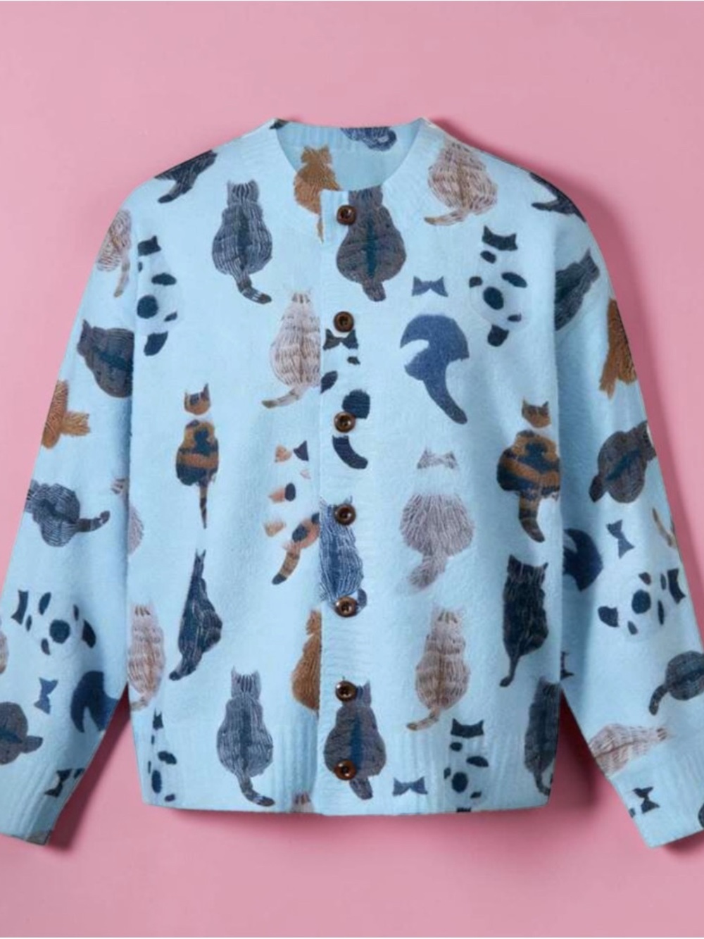 Light Blue Cat Print Cozy Cardigan Sweater